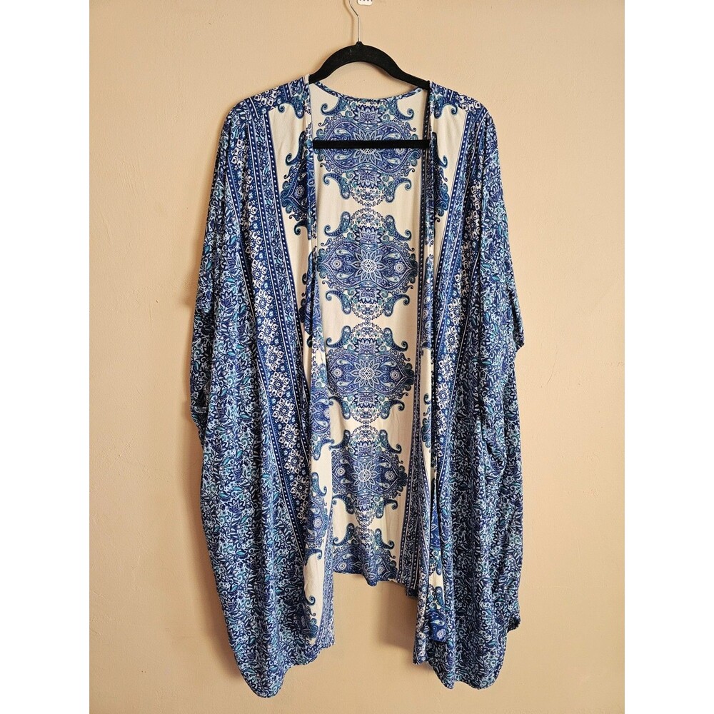 Women's One Size Angie Printed Kimono S-XL Blue Cream 100% Rayon